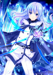 Rule 34 | 1girl, bad id, bad pixiv id, belt, black gloves, braid, buttons, cape, checkered floor, gloves, iwashikami, long sleeves, looking at viewer, open mouth, original, pants, rod, silver hair, single braid, snowflakes, solo, standing, symbol-shaped pupils