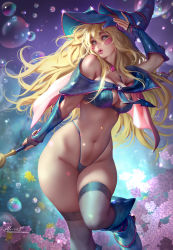 Rule 34 | 1girl, aleriia v, bikini, blonde hair, blue footwear, blue hat, bridal gauntlets, bubble, dark magician girl, flower, green eyes, hat, highres, long hair, looking to the side, magical girl, solo, swimsuit, wand, witch hat, wizard hat, yu-gi-oh!, yu-gi-oh! duel monsters