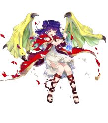 Rule 34 | 1girl, amagai tarou, ankle lace-up, bracelet, capelet, coat, cross-laced clothes, cross-laced footwear, cross-laced legwear, dragon girl, dragon wings, dragonstone, dress, female focus, fire emblem, fire emblem: the sacred stones, fire emblem heroes, frilled dress, frills, full body, gold trim, green wings, hair tie, highres, injury, jewelry, long hair, multi-tied hair, myrrh (fire emblem), nintendo, official art, one eye closed, open clothes, open coat, pale skin, purple hair, red capelet, red coat, red eyes, ryona, sandals, shin strap, short dress, solo, toeless footwear, toes, torn clothes, torn dress, torn legwear, transparent background, twintails, white dress, wince, wings, wristband, yellow wings