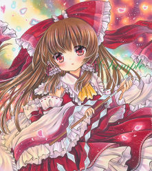 Rule 34 | 1girl, :o, ascot, blush, bow, brown hair, commentary, cowboy shot, detached sleeves, embellished costume, frilled bow, frilled shirt collar, frilled sleeves, frills, gohei, hair bow, hair tubes, hakurei reimu, holding, light particles, long hair, long sleeves, looking at viewer, marker (medium), nontraditional miko, parted lips, petals, petticoat, red bow, red eyes, red skirt, rui (sugar3), sample watermark, skirt, skirt set, solo, touhou, traditional media, watermark, wide sleeves, yellow ascot