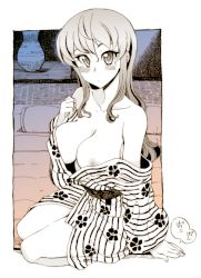 Rule 34 | 1girl, bad id, bad pixiv id, blush, breast slip, breasts, cleavage, full body, futon, halftone, japanese clothes, kusanagi tonbo, large breasts, long hair, looking at viewer, monochrome, nipples, off shoulder, one breast out, original, pillow, solo, tatami, white background