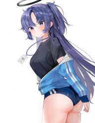 Rule 34 | 1girl, absurdres, ass, black shirt, blue archive, blush, breasts, buruma, halo, highres, jacket, jacket partially removed, lanyard, long hair, looking at viewer, medium breasts, parted bangs, ponytail, purple eyes, purple hair, shirt, simple background, solo, soradally, star sticker, sticker on face, sweatdrop, track jacket, twisted torso, very long hair, white background, yuuka (blue archive), yuuka (track) (blue archive)