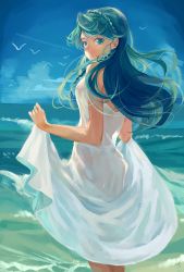 Rule 34 | 1girl, areazero, bird, blue eyes, blue hair, blue sky, closed mouth, day, dress, floating hair, from behind, go! princess precure, kaidou minami, long hair, looking at viewer, looking back, ocean, outdoors, precure, skirt hold, sky, sleeveless, sleeveless dress, smile, solo, standing, sundress, swept bangs, very long hair, white dress