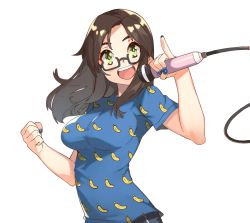 Rule 34 | 1girl, :d, banana print, black-framed eyewear, blue nails, blue shirt, brown hair, clenched hands, commission, fingernails, glasses, green eyes, holding, holding microphone, long hair, looking at viewer, microphone, nail polish, open mouth, original, pinky out, semi-rimless eyewear, shirt, short sleeves, simple background, smile, solo, under-rim eyewear, upper body, vins-mousseux, white background