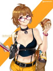 Rule 34 | 1girl, absurdres, bad id, bad twitter id, bag, bare shoulders, belt, bracelet, breasts, brown hair, burger, buttons, cellphone, character name, choker, cleavage, collarbone, commentary request, fingernails, food, girls&#039; frontline, glasses, grizzly mkv (girls&#039; frontline), grizzly mkv (weekend cop) (girls&#039; frontline), gun, handgun, highres, holding, holster, holstered, jewelry, l.a.r. manufacturing, lar grizzly win mag, large breasts, lips, looking at viewer, midriff, navel, official alternate costume, phone, pin, purple eyes, ryou (effort), shiny skin, short hair, shorts, sidelocks, simple background, smile, solo, tank top, tongue, tongue out, twitter username, watch, weapon, wristwatch