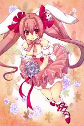 Rule 34 | 1girl, animal ears, bad id, bad pixiv id, bare shoulders, blush, bouquet, breasts, cleavage, di gi charat, dice, dice hair ornament, flower, frilled skirt, frills, hair ornament, hair ribbon, long hair, mikadocosmo, petals, pink hair, pink skirt, rabbit ears, red eyes, ribbon, skirt, smile, solo, twintails, usada hikaru