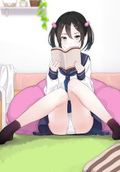 Rule 34 | 1girl, black hair, black socks, blue neckerchief, blue skirt, blurry, blurry background, book, brown eyes, closed mouth, commentary request, depth of field, fingernails, hair between eyes, hair bobbles, hair ornament, hairclip, highres, holding, holding book, indoors, kiyomin, knees together feet apart, long sleeves, looking at viewer, neckerchief, open book, original, panties, pillow, plant, pleated skirt, potted plant, school uniform, serafuku, shelf, shirt, short hair, sitting, skirt, sleeves past wrists, smile, socks, solo, twintails, underwear, white panties, white shirt