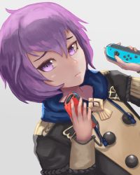 Rule 34 | 1girl, bernadetta von varley, commentary request, controller, fire emblem, fire emblem: three houses, hair between eyes, hands up, hiyuchimaki, holding, holding controller, joy-con, looking at viewer, nintendo, purple eyes, purple hair, short hair, simple background, solo, upper body
