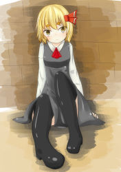 Rule 34 | 1girl, boots, brick wall, dress, eyebrows, female focus, frown, full body, highres, patotyan, rumia, sitting, solo, touhou
