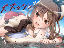 Rule 34 | 1girl, atelier (series), atelier ryza, atelier ryza 2, blush, breasts, brown eyes, brown hair, city, cleavage, destruction, giant, giantess, gloves, hair ornament, hairclip, highres, jewelry, large breasts, lying, necklace, on stomach, open mouth, outdoors, rakia (ds00309), red shorts, reisalin stout, shorts, single glove, solo, star (symbol), star necklace, tokyo skytree, white headwear