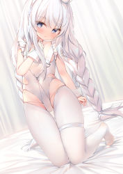 Rule 34 | 1girl, :&lt;, absurdres, animal ears, azur lane, blue eyes, blush, braid, breasts, chen bin, chinese commentary, closed mouth, fake animal ears, full body, hairband, highres, indoors, kneeling, le malin (azur lane), le malin (listless lapin) (azur lane), leotard, long hair, looking at viewer, official alternate costume, pantyhose, rabbit ears, small breasts, solo, thigh gap, thighband pantyhose, twin braids, very long hair, white hair, white hairband, white leotard, white pantyhose, white theme, wrist cuffs