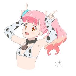Rule 34 | :d, aikatsu! (series), aikatsu friends!, animal print, armpits, arms up, bare shoulders, bell, bikini, black collar, blue bow, blunt bangs, bow, collar, collarbone, cow print, cowbell, cropped torso, detached sleeves, elbow gloves, horns pose, fingerless gloves, flat chest, gloves, gradient hair, halterneck, happy, highres, kenbi, long hair, looking at viewer, midriff, multicolored hair, nail polish, neck bell, open mouth, orange eyes, orange hair, pink hair, pink nails, print bikini, print gloves, side ponytail, simple background, sketch, smile, solo, string bikini, swimsuit, white background, yuki aine