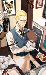 Rule 34 | 1boy, alternate costume, apron, blonde hair, blue eyes, blue vest, bug, butterfly, cafe, cake, cake slice, crossed arms, earrings, fate (series), food, frown, gloves, hair slicked back, highres, indoors, insect, jewelry, kayneth el-melloi archibald, male focus, shirt, solo, sweatdrop, vest, waist apron, whaaa000, white gloves, white shirt