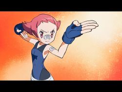 Rule 34 | 1girl, bandaid, bandaid on arm, bandaid on face, bandaid on nose, blue bodysuit, blue gloves, bodysuit, closed mouth, collarbone, commentary request, creatures (company), curvy, eyelashes, fingerless gloves, game freak, gloves, gundam, gym leader, hands up, leotard, leotard under clothes, letterboxed, looking to the side, maylene (pokemon), nintendo, pants, pink eyes, pink hair, pokemon, pokemon dppt, short hair, solo, upper body, white pants, yoshi (moco1)
