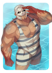 Rule 34 | 1boy, absurdres, artist name, bara, blood, blood on hands, bodysuit, border, closed mouth, dead by daylight, diving suit, highres, hooked on you, kunknee, large pectorals, male focus, male swimwear, mask, multicolored male swimwear, multicolored one-piece swimsuit, muscular, muscular male, official alternate costume, old-fashioned swimsuit, one-piece swimsuit, partially submerged, pectoral cleavage, pectorals, print male swimwear, print one-piece swimsuit, scar, scar on arm, scar on chest, scar on face, solo, striped clothes, striped male swimwear, striped one-piece swimsuit, swimsuit, the trapper (dead by daylight), water, wetsuit, white border, white male swimwear