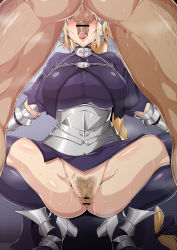 Rule 34 | 1boy, 1girl, absurdres, anus, armor, armored boots, bar censor, blonde hair, blush, boots, breasts, censored, cleft of venus, clothed female nude male, dark-skinned male, dark skin, drooling, embarrassed, fate/apocrypha, fate/grand order, fate (series), feet, fellatio, from below, gluteal fold, gradient background, groin, hair ribbon, high heels, highres, jeanne d&#039;arc (fate), jeanne d&#039;arc (ruler) (fate), large breasts, legs, long hair, low-tied long hair, no eyes, no panties, nose blush, nude, oral, penis, pointless censoring, pubic hair, pussy, ribbon, saintshiro, saliva, simple background, solo focus, squatting, standing, sweat, testicles, thighhighs, thighs, tongue, tongue out, very long hair