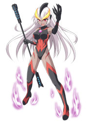 Rule 34 | 1girl, black footwear, black gloves, black leotard, boots, breasts, claws, cross (crossryou), dark skin, fang, fire, giga battle nizer, gloves, headpiece, high heels, holding, large breasts, leotard, long hair, mega monster battle: ultra galaxy legends the movie, open mouth, personification, polearm, red eyes, red footwear, red gloves, red leotard, smile, staff, standing, thigh boots, thighhighs, ultra series, ultraman belial, weapon, white background, white hair