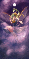 Rule 34 | 1girl, absurdres, ascot, black footwear, blue dress, bobby socks, bow, breasts, cloud, commentary request, daiyousei, dress, eyebrows hidden by hair, fairy wings, floating, floating hair, full body, full moon, green hair, hair between eyes, hair bow, hair intakes, hand up, highres, light smile, long hair, looking at viewer, luan ib, mary janes, moon, motion blur, night, night sky, parted lips, reaching, reaching towards viewer, shoes, side ponytail, sidelocks, sky, small breasts, socks, solo, star (sky), starry sky, swept bangs, touhou, white socks, wings, yellow ascot, yellow bow