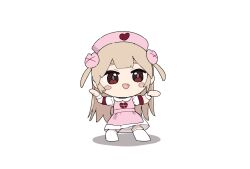 Rule 34 | 1girl, :d, apron, blush stickers, brown hair, chibi, collared shirt, commentary request, eyebrows hidden by hair, fang, full body, hair ornament, hat, highres, long hair, natori sana, nurse cap, open mouth, pink apron, pink hat, red eyes, sana channel, shadow, shirt, simple background, skirt, smile, solo, standing, thick eyebrows, thighhighs, two side up, very long hair, virtual youtuber, white background, white shirt, white skirt, white thighhighs, yukie (kusaka shi)