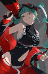 Rule 34 | 1girl, 39, aqua eyes, aqua hair, baggy pants, belt, black bodysuit, black jacket, blunt bangs, blunt ends, bodysuit, breasts, chest belt, clenched teeth, clothing cutout, commentary, detached hair, ear piercing, goggles, goggles on head, hatsune miku, highres, holding, holding megaphone, jacket, jacket partially removed, jewelry, looking at viewer, magical mirai (vocaloid), magical mirai miku, magical mirai miku (2023), medium breasts, megaphone, multicolored hair, navel, navel cutout, necklace, open clothes, padded jacket, pants, piercing, red nails, ring hair ornament, simple background, smile, solo, streaked hair, teeth, two-sided fabric, two-sided jacket, two-tone hair, vocaloid, yukihira makoto, zipper