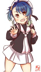 Rule 34 | 1girl, alternate costume, artist logo, beret, blue hair, brown eyes, cardcaptor sakura, cosplay, dated, fang, fukae (kancolle), gradient hair, hair bobbles, hair ornament, hat, kanon (kurogane knights), kantai collection, looking at viewer, multicolored hair, neckerchief, one-hour drawing challenge, open mouth, sailor collar, school uniform, short hair, side ponytail, sidelocks, simple background, skin fang, skirt, smile, solo, tomoeda elementary school uniform, white background, white hat, white neckerchief, white sailor collar, white skirt