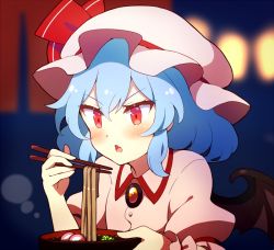 Rule 34 | 1girl, 60mai, bat wings, blue hair, blush, bowl, brooch, chopsticks, commentary request, fang, food, hair between eyes, hand up, hat, hat ribbon, holding, holding bowl, holding chopsticks, jewelry, mob cap, noodles, open mouth, pink hat, puffy short sleeves, puffy sleeves, ramen, red eyes, red ribbon, remilia scarlet, ribbon, short hair, short sleeves, sidelocks, solo, touhou, upper body, wings, wrist cuffs