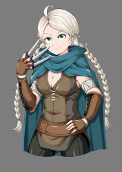 Rule 34 | 1girl, absurdres, ahoge, braid, breasts, cleavage, commission, commissioner upload, facing viewer, fire emblem, fire emblem awakening, fire emblem fates, gloves, hand on own hip, highres, holding, holding knife, knife, leather, leather gloves, looking at viewer, low twin braids, medium breasts, nina (fire emblem), nintendo, non-web source, parted bangs, smile, solo, throwing knife, twin braids, villager c, weapon, white hair