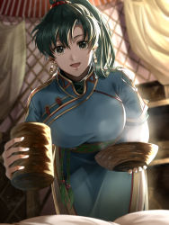Rule 34 | 1girl, blue dress, bowl, breasts, cup, delsaber, dress, earrings, fire emblem, fire emblem: the blazing blade, green eyes, green hair, highres, jewelry, large breasts, long hair, looking at viewer, lyn (fire emblem), nintendo, open mouth, ponytail, rope belt, smile, sunlight