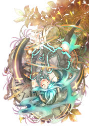 Rule 34 | 1girl, aqua hair, aqua nails, clock, closed eyes, detached sleeves, female focus, flower, hatsune miku, highres, long hair, nail polish, necktie, open mouth, plastick, roman numeral, simple background, skirt, solo, thighhighs, twintails, upside-down, very long hair, vocaloid, white background, zettai ryouiki