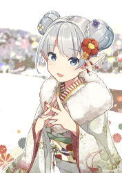 Rule 34 | 1girl, absurdres, anotherxalice, blue eyes, double bun, flower, furisode, hair flower, hair ornament, happy new year, highres, japanese clothes, kimono, looking at viewer, nail polish, new year, nyasunyadoora, pointy ears, silver hair, smile, solo
