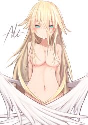 Rule 34 | 1girl, :/, ahoge, arms behind back, blonde hair, blue eyes, breasts, character name, cleavage, closed mouth, collarbone, convenient censoring, cowboy shot, expressionless, eyebrows, feathered wings, hair between eyes, hair censor, hair flaps, hair over breasts, half-closed eyes, hanetsuki touka, highres, long hair, looking at viewer, low wings, md5 mismatch, medium breasts, midriff, navel, original, simple background, solo, stomach, very long hair, white background, white wings, wing censor, wings