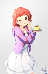 Rule 34 | 1girl, ;3, artist name, basa rutan, blush, brown eyes, closed mouth, collarbone, dated, dress, food, grey background, happy birthday, highres, holding, holding plate, hood, hood down, hoodie, idolmaster, idolmaster million live!, jewelry, long sleeves, nonohara akane, one eye closed, open clothes, open hoodie, orange hair, pendant, plate, pudding, simple background, solo, striped clothes, striped hoodie, white dress