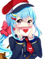 Rule 34 | 1girl, bag, blue hair, blue jacket, bow, chiyori (soleilandiris), covered mouth, ensemble girls!, envelope, futaba minazuki, hair bow, hat, highres, holding, holding envelope, jacket, letter, light blue hair, long hair, long sleeves, looking at viewer, love letter, necktie, purple eyes, red bow, red necktie, side ponytail, solo, white background