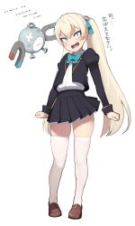 Rule 34 | 1girl, accio, aqua bow, aqua bowtie, arms at sides, black jacket, black skirt, blue bow, blue bowtie, blue ribbon, blue thighhighs, blush, bow, bowtie, brown footwear, character request, clenched hands, collared shirt, creatures (company), crossed bandaids, full body, game freak, gen 1 pokemon, green eyes, hair ribbon, injury, jacket, juliet sleeves, loafers, long hair, long sleeves, looking at viewer, magnemite, magnet, miniskirt, nintendo, open clothes, open jacket, open mouth, pigeon-toed, pleated skirt, pokemon, pokemon (creature), puffy sleeves, ribbon, sanpaku, school uniform, screw, sharp teeth, shirt, shirt tucked in, shoes, silver hair, simple background, skindentation, skirt, slit pupils, solo, standing, tearing up, tears, teeth, thighhighs, translated, tsurime, twintails, v-shaped eyebrows, very long hair, white background, white shirt, white thighhighs, wing collar, zettai ryouiki