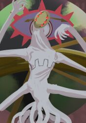 Rule 34 | arms up, artist request, creepy, digimon, digimon (creature), expressionless, extra arms, extra eyes, faceless, highres, looking at viewer, monster, multiple arms, no humans, quartzmon, red eyes, solo, spikes, tentacles