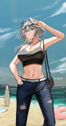 Rule 34 | 1girl, absurdres, ai-bon, alternate costume, arknights, arm up, bare shoulders, blue pants, blue sky, breasts, camisole, cloud, commentary, crop top, day, denim, dragon horns, eyewear on head, feet out of frame, grey eyes, grey hair, hair intakes, highres, horns, jeans, jewelry, large breasts, looking at viewer, midriff, navel, necklace, ocean, outdoors, pants, short hair, sky, solo, spaghetti strap, standing, stomach, sunglasses, surfboard, talulah (arknights)