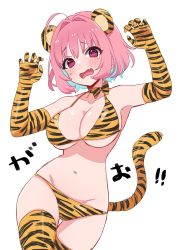 Rule 34 | 1girl, @ @, ahoge, animal ears, animal print, bare shoulders, bikini, blue hair, blush, bow, breasts, chinese zodiac, claw pose, cleavage, collarbone, commentary, dot nose, elbow gloves, fang, gao, gloves, gluteal fold, hands up, highres, idolmaster, idolmaster cinderella girls, large breasts, looking at viewer, multicolored hair, navel, open mouth, orange bikini, orange gloves, pink eyes, pink hair, raised eyebrows, shiny skin, short hair, skin fang, solo, sukoyaka (100hituzi), sweatdrop, swimsuit, symbol-only commentary, tail, tearing up, thigh gap, thighhighs, thighs, tiger print, tiger tail, two-tone hair, underboob, year of the tiger, yumemi riamu