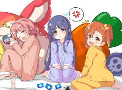 Rule 34 | 3girls, :d, :t, anger vein, aono (f i s), barefoot, bed sheet, blush, braid, brown eyes, brown hair, carrot-shaped pillow, cellphone, closed mouth, collared shirt, commentary request, dress shirt, flying sweatdrops, hair between eyes, hair bobbles, hair down, hair ornament, hairclip, head tilt, highres, kyouka (princess connect!), kyouka (real) (princess connect!), long hair, long sleeves, mimi (princess connect!), mimi (real) (princess connect!), misogi (princess connect!), misogi (real) (princess connect!), multiple girls, nose blush, one eye closed, one side up, open mouth, pants, parted bangs, phone, pink hair, pink pants, pink shirt, pout, princess connect!, purple eyes, purple hair, purple pants, purple shirt, round teeth, shirt, simple background, skull print, sleepover, sleeves past wrists, smile, soles, spoken anger vein, teeth, twin braids, upper teeth only, very long hair, white background, yellow pants, yellow shirt