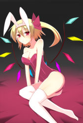 Rule 34 | 1girl, animal ears, blonde hair, breasts, cleavage, fake animal ears, flandre scarlet, hamiyun, large breasts, leotard, playboy bunny, rabbit ears, red eyes, red leotard, ribbon, short hair, side ponytail, sitting, smile, solo, thighhighs, touhou, white thighhighs, wings