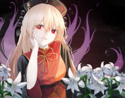Rule 34 | 1girl, bad id, bad pixiv id, black background, black dress, blonde hair, breasts, bright pupils, cacao devil, chinese clothes, collared dress, commentary request, dress, energy, flower, fox tail, hair between eyes, hat, head in hand, head tilt, junko (touhou), light particles, lily (flower), long hair, looking at viewer, medium breasts, multiple tails, parted lips, red eyes, sitting, solo, tabard, tail, touhou, upper body, very long hair