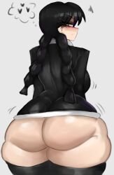 Rule 34 | 1girl, addams family, ass, black eyes, black hair, blush, braid, breasts, curvy, expressionless, highres, huge ass, knightartist115, large breasts, long hair, looking at viewer, looking back, plump, shiny skin, shirt, solo, source request, thick thighs, thighs, twin braids, upper body, wednesday (netflix), wednesday addams, wide hips