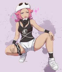 Rule 34 | 1girl, black shirt, black socks, blush, breasts, bright pupils, closed mouth, commentary, creatures (company), eyelashes, flipped hair, full body, game freak, highres, jewelry, milka (milk4ppl), necklace, nintendo, pink eyes, pink hair, pokemon, pokemon sm, shirt, shoes, short shorts, shorts, signature, skull-shaped hat, skull necklace, sleeveless, sleeveless shirt, smile, socks, solo, sparkle, spread legs, squatting, team skull, team skull grunt, team skull uniform, thigh strap, tongue, tongue out, white footwear, white pupils, white shorts, wristband