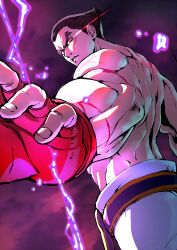 Rule 34 | 1boy, absurdres, battle scarred, black hair, cowboy shot, facial scar, fighting stance, fingerless gloves, furrowed brow, gloves, hair slicked back, highres, looking back, male focus, mishima kazuya, muscular, muscular male, outstretched hand, pants, parted lips, red eyes, red gloves, scar, scar on arm, scar on back, scar on cheek, scar on face, short hair, solo, strikebeagle, tekken, thick eyebrows, topless male, white pants