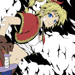 Rule 34 | 1girl, bead necklace, beads, belt, blonde hair, blue eyes, body markings, breasts, brown gloves, chrono cross, cleavage, cowboy shot, crop top, cropped jacket, dagger, facial mark, gloves, hair ribbon, hand on own hip, jacket, jewelry, kid (chrono cross), knife, long hair, looking at viewer, medium breasts, midriff, multi-tied hair, necklace, oto nagi, outdoors, ponytail, red jacket, red ribbon, red skirt, ribbon, shirt, short sleeves, skirt, smile, solo, weapon, white shirt
