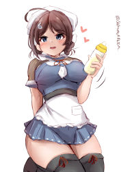 Rule 34 | 1girl, absurdres, apron, baby bottle, bandana, black footwear, black thighhighs, blue sailor collar, blue skirt, blush, bottle, braid, braided hair rings, brown hair, chougei (kancolle), grey eyes, hair ornament, hair rings, hairclip, heart, highres, holding, kantai collection, kneeling, long hair, neckerchief, one-hour drawing challenge, open mouth, pleated skirt, red ribbon, ribbon, sailor collar, sakura ab, school uniform, serafuku, shawl, simple background, skirt, smile, solo, thighhighs, twin braids, twitter username, uniform, waist apron, white apron, white background, white neckerchief
