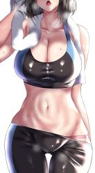 Rule 34 | 1girl, absurdres, bad id, bad pixiv id, bare arms, bare shoulders, black hair, black pants, blush, breasts, cleavage, collarbone, cowboy shot, dripping, fary5, highres, large breasts, midriff, navel, open mouth, original, pants, short hair, simple background, solo, sports bra, sweat, thigh gap, towel, white background, zipper