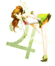 Rule 34 | 1girl, ankle boots, bare legs, bent over, bishoujo senshi sailor moon, boots, bow, circlet, earrings, elbow gloves, flower, full body, gloves, green eyes, green footwear, green skirt, hair bobbles, hair ornament, hakkaku hailey, high heel boots, high heels, high ponytail, highres, jewelry, kino makoto, leaf, long hair, looking at viewer, pink bow, pleated skirt, rose, sailor jupiter, shoes, skirt, sleeveless, smile, solo, stud earrings, white gloves