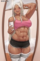 Rule 34 | 1girl, :d, abs, absurdres, animal ears, arm behind head, armpits, black shorts, blush, boku no hero academia, breasts, cleavage, collarbone, cowboy shot, cromwellb, dark-skinned female, dark skin, highres, holding, holding phone, large breasts, long eyelashes, looking at viewer, mirko, mirror, muscular, muscular female, navel, open mouth, parted bangs, phone, pink crop top, rabbit ears, rabbit girl, red eyes, reflection, selfie, short shorts, shorts, smile, solo, teeth, thighhighs, thighs, toned, twitter username, upper teeth only, white hair, white thighhighs