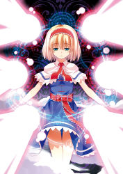 1girl alice_margatroid blonde_hair blue_eyes capelet danmaku dinyc female_focus hairband highres laser magic_circle outstretched_arms ribbon short_hair solo spread_arms touhou