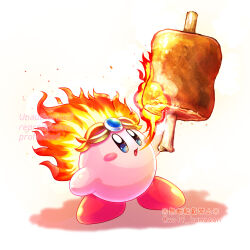 Rule 34 | arm up, artist name, blue eyes, blue gemstone, blush, blush stickers, boned meat, breath weapon, breathing fire, commentary request, copy ability, fire, fire kirby, food, full body, gem, headpiece, holding, holding food, kirby, kirby (series), kumaoka pon, meat, nintendo, no humans, open mouth, shadow, simple background, solo, standing, star (symbol), star in eye, symbol in eye, twitter username, watermark, white background